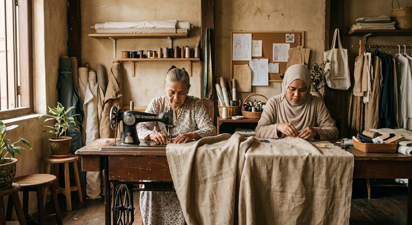 Dua tukang jahit bekerja di meja dengan kain linen dan mesin jahit