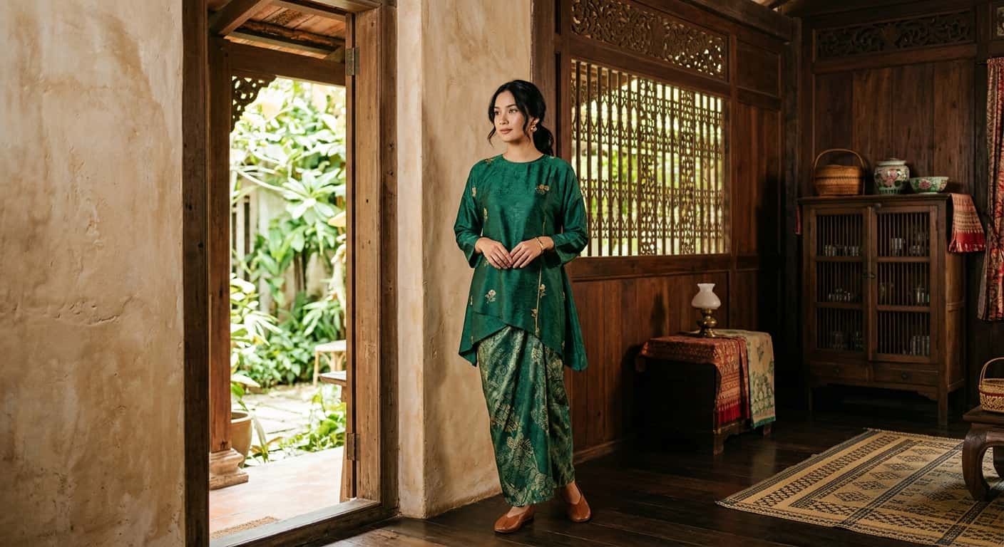 Model memakai kebaya hijau dalam ruang kayu berukir tradisional