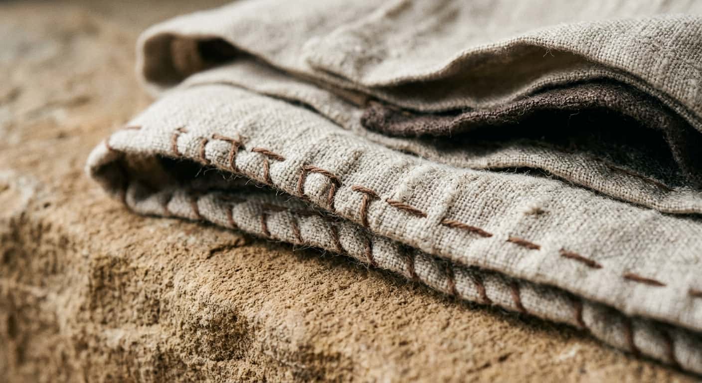 Jahitan tangan pada linen semula jadi, dilihat dekat
